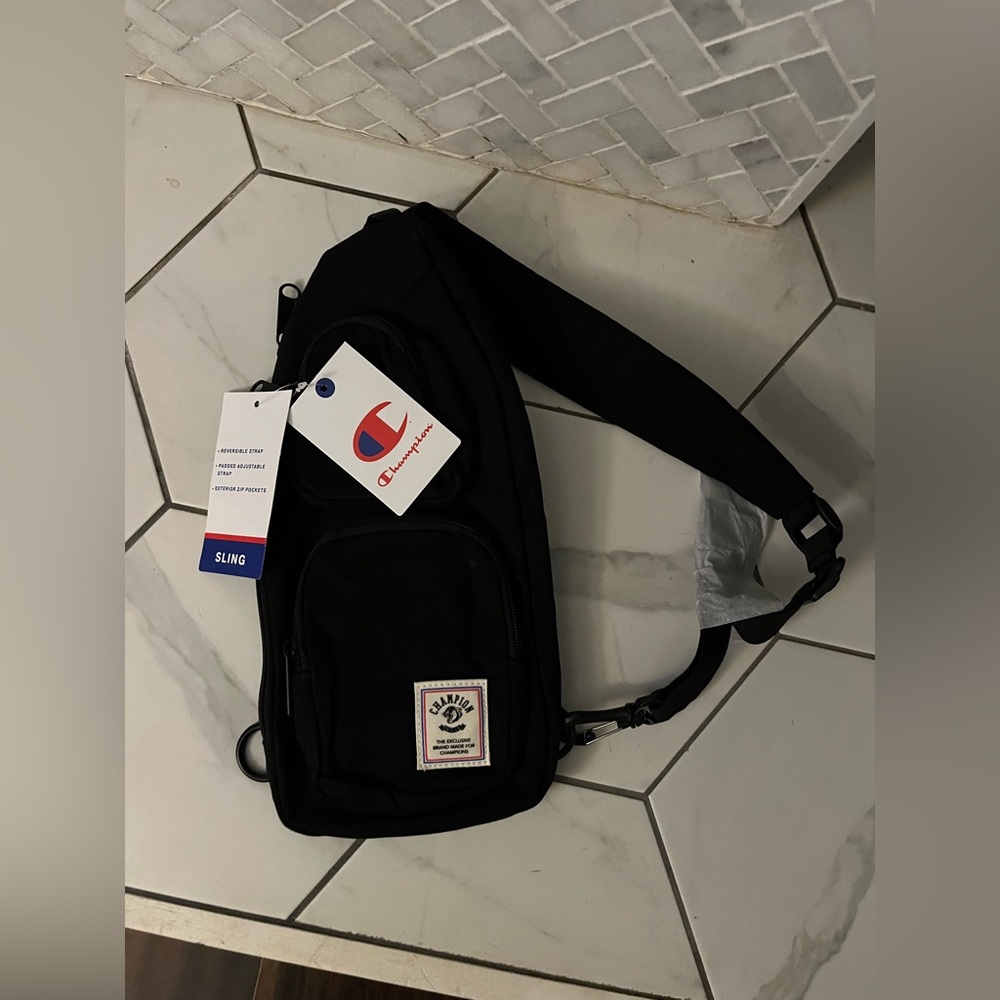 Champion Black Sling Bag with Logo Patch